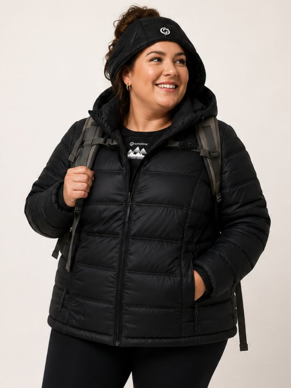 Active Zone Women's Down Coat Black Quilted Removable Hood Zip Pockets 3XL